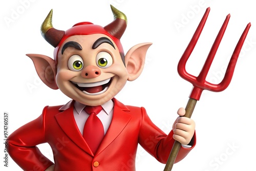 A cheerful, mischievous, horned cartoon character with a playful smirk, dressed in a bright red suit and holding a pitchfork, against a white background.