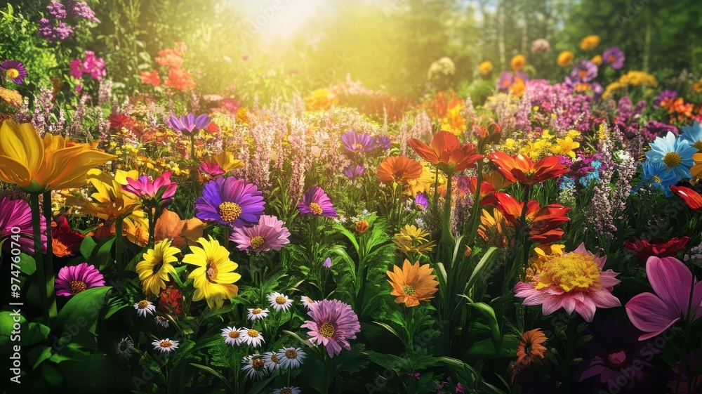 Fototapeta premium Vibrant Summer Flower Garden in Full Bloom with Sunlight and Colorful Blossoms