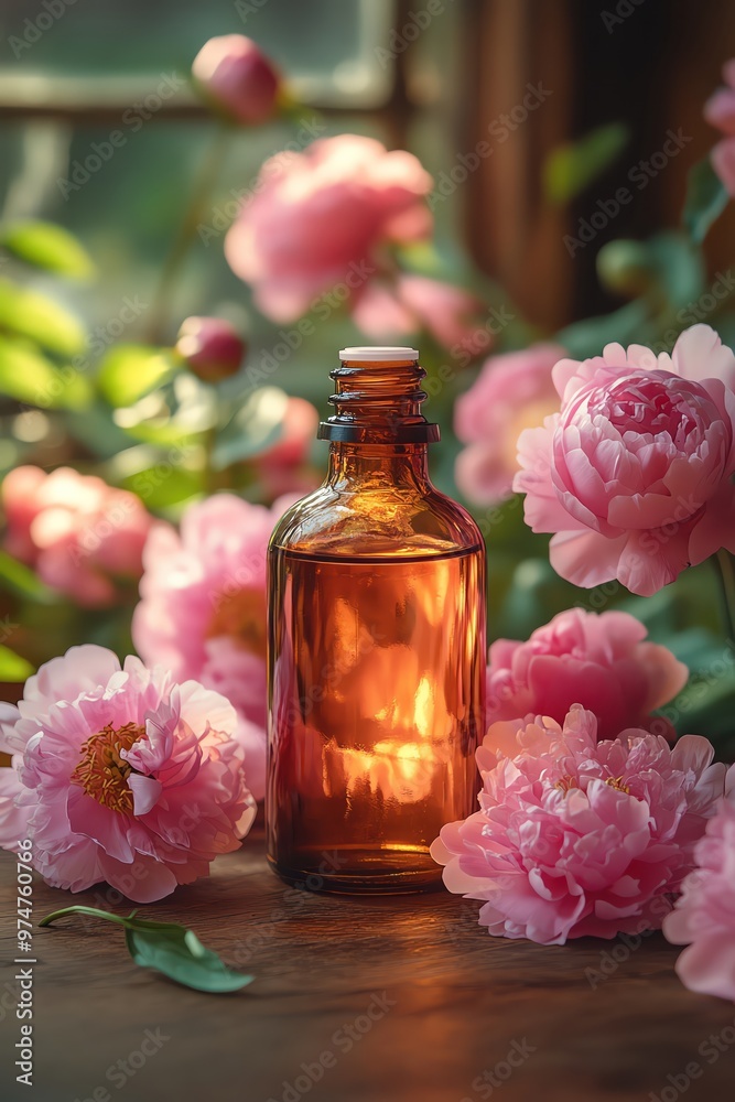 Glass bottle of essential oil surrounded by pink peonies, rustic wooden backdrop, a serene, spalike atmosphere Glass bottle of essential oil surrounded by pink peonies, rustic wooden backdrop, a serene, spalike atmosphere