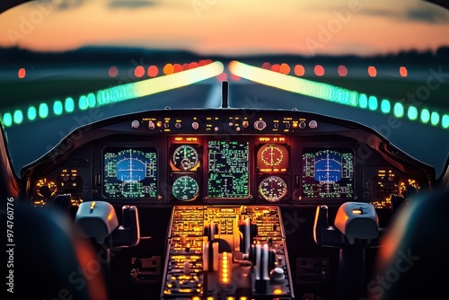  pilot cockpit during takeoff, with illuminated control panels and gauges, showcasing the intricate process of preparing for flight.