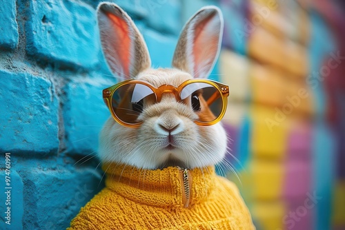 pop artinspired portrait of cool rabbit wearing oversized sunglasses set against vibrant colorblocked background with retro patterns photo