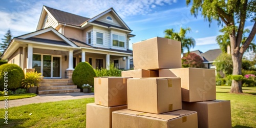 Moving Day Cardboard Boxes in Front of a House, moving , relocation , new home photo