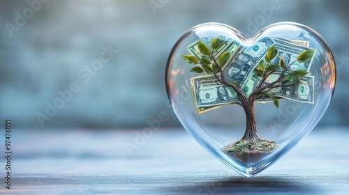 Inside a floating glass heart is a tree with dollar bills as leaves, representing financial growth and success photo