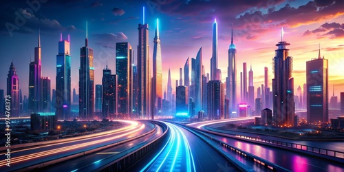 Neon Cityscape with Highway and Sunset, Digital Art, Cityscapes, Night, Sunset, Highway, Neon