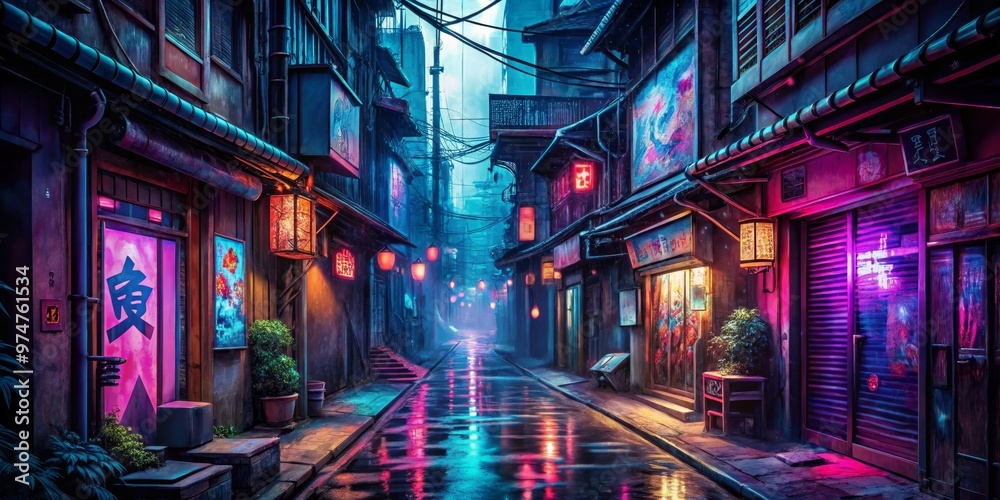 Fototapeta premium Neon-Lit Back Alley in a Cyberpunk Japanese City, Digital Art, Neon Cityscape, Cyberpunk Japan, 8K Resolution, Sci-Fi, Cyberpunk Art
