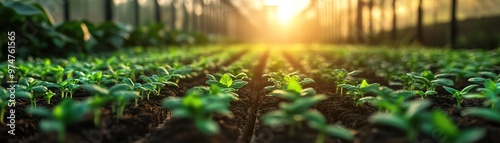 Rows of seedlings in a greenhouse, early morning light, fresh and green environment photo