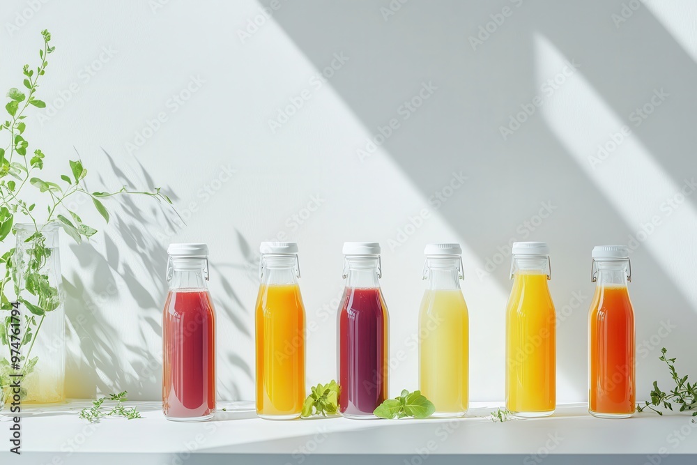A vibrant display of colorful juices in glass bottles on a white surface with greenery. A vibrant display of colorful juices in glass bottles on a white surface with greenery.
