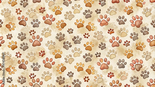 Whimsical paw print pattern on a soft, creamy background, featuring adorable animal tracks in varying sizes and orientations, creating a playful, textured design element. photo