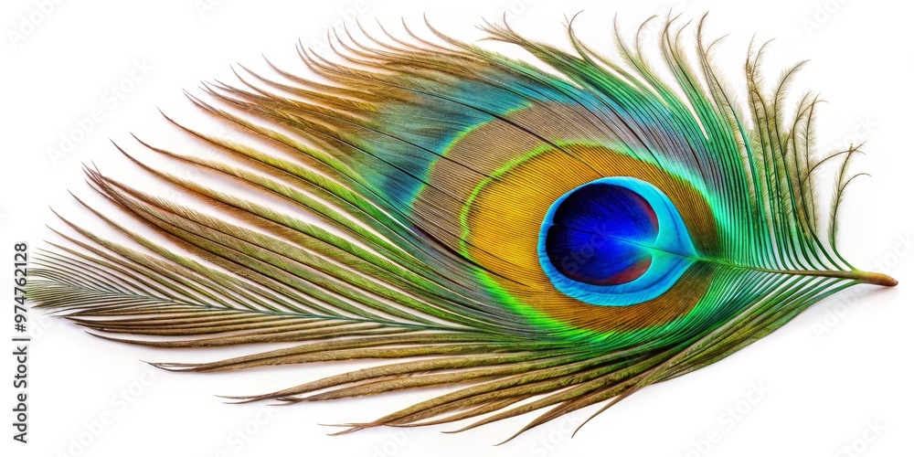 Obraz premium Peacock Feather with Eye, Close-Up, Vibrant Colors, bird feather, peacock plumage, peacock tail feather