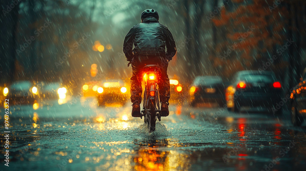A cyclist in an orange jacket riding through a rainy, wet city at night A cyclist in an orange jacket riding through a rainy, wet city at night