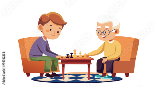 vector illustration of a grandfather and grandson playing chess