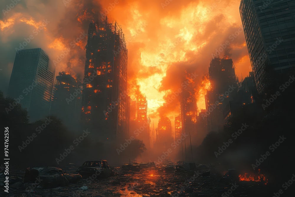Obraz premium postapocalyptic urban landscape with crumbling skyscrapers and abandoned vehicles warm hazy light filters through a smokefilled sky creating an atmosphere of desolation and eerie beauty
