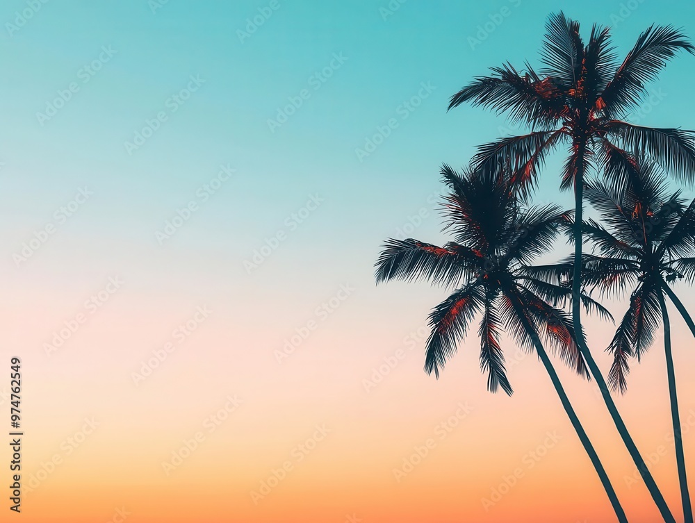 Fototapeta premium Palm trees silhouetted against a sunset sky, their leaves rustling softly in the tropical breeze palm trees, jungle, sunset breeze