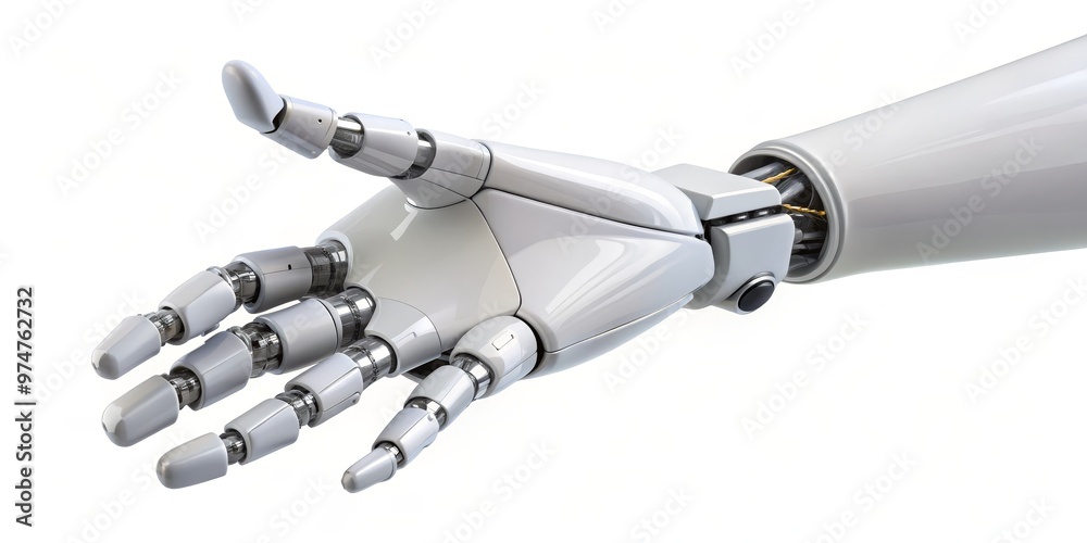 Robotic Hand Reaching Out 3D Rendered Metallic and White Hand with Detailed Gears, Isolated on White Background, Robotic Hand, Futuristic Technology, Artificial Intelligence
