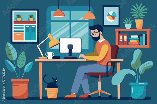 vector illustration of a man working in the office desk