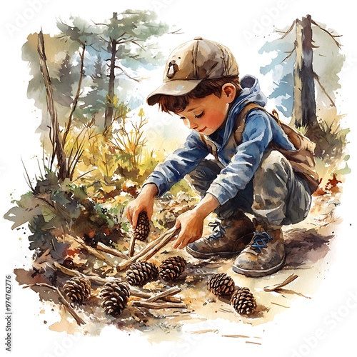 Young Boy Gathering Pine Cones in the Forest.