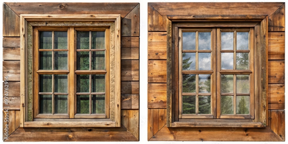 Rustic Wooden Window Frame with Glass Panes Reflecting Trees and Sky, Rustic Wood Window Frame, Window View, Old Window