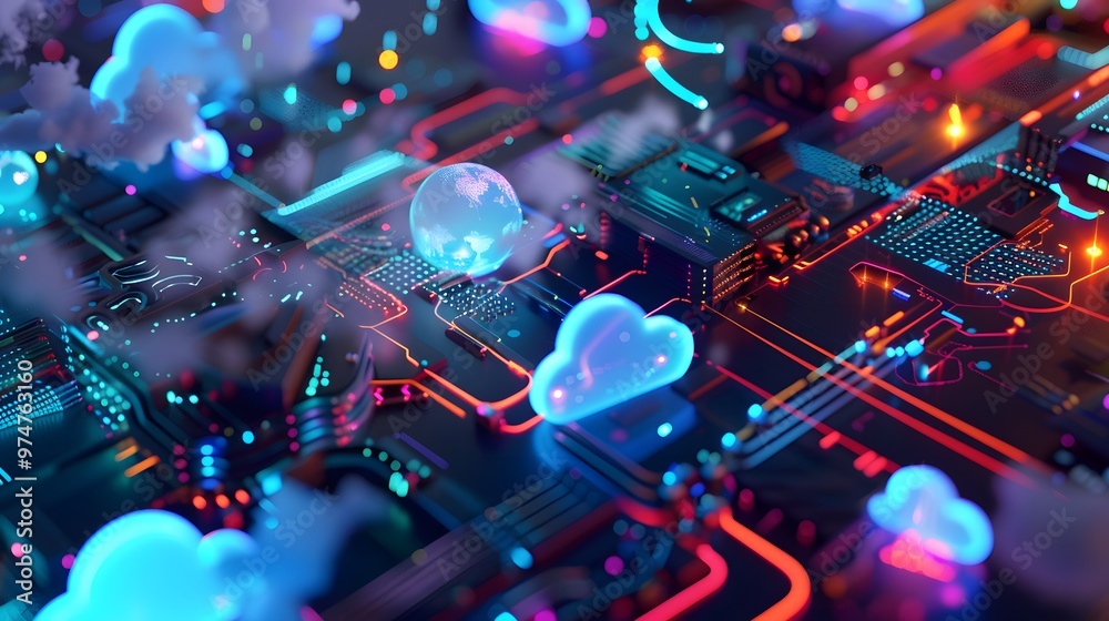 Cloud Security Posture Management (CSPM): A digital landscape where AI security monitors continuously scan and protect cloud systems. Real-time threat detection is visualized by glowing shields Cloud Security Posture Management (CSPM): A digital landscape where AI security monitors continuously scan and protect cloud systems. Real-time threat detection is visualized by glowing shields