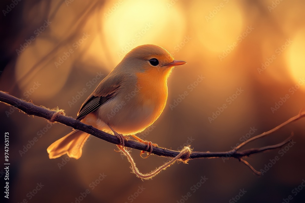 Obraz premium Small bird perched on branch at sunset