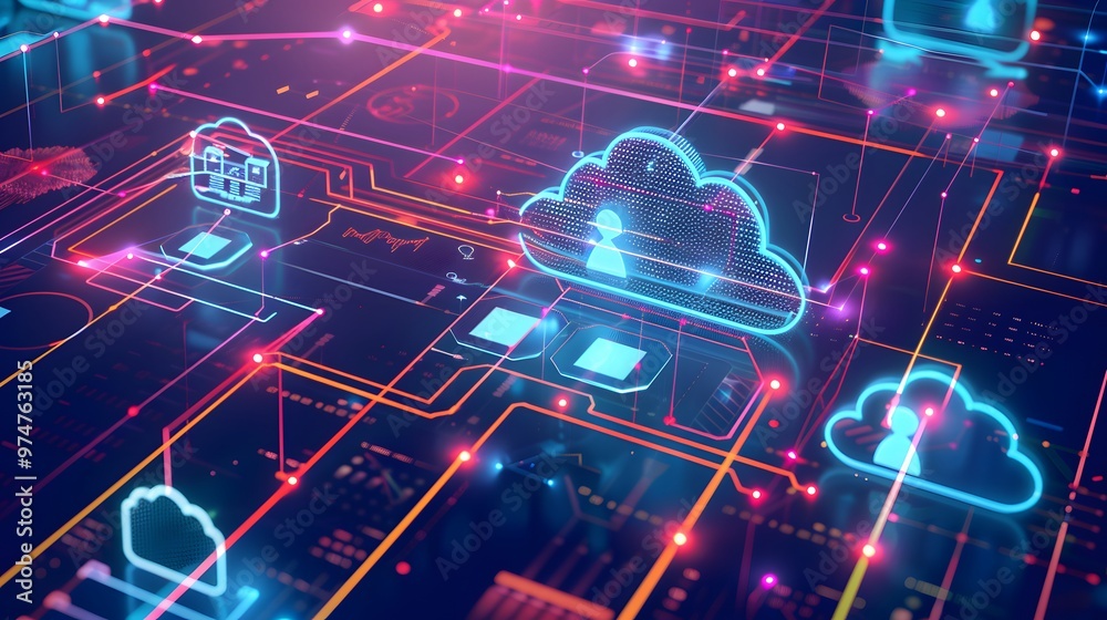 Cloud Security Posture Management (CSPM): A digital landscape where AI security monitors continuously scan and protect cloud systems. Real-time threat detection is visualized by glowing shields Cloud Security Posture Management (CSPM): A digital landscape where AI security monitors continuously scan and protect cloud systems. Real-time threat detection is visualized by glowing shields