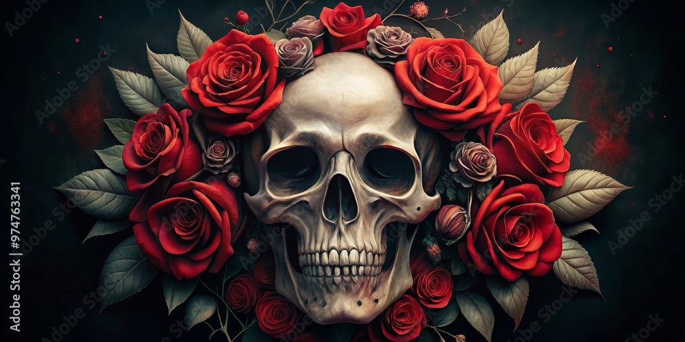 Skull Crowned by Roses, Digital Art, Dark Background, Skull, Roses, Flowers Skull Crowned by Roses, Digital Art, Dark Background, Skull, Roses, Flowers