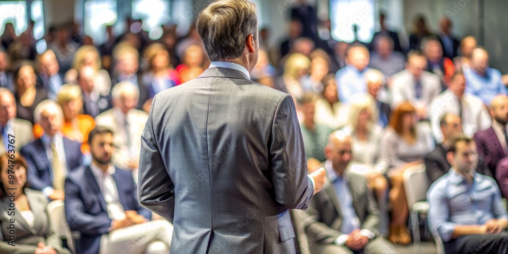 Obraz premium Speaker Facing Audience, Rear View, Blurred Background, Business Conference, Public Speaking, Leadership, Conference