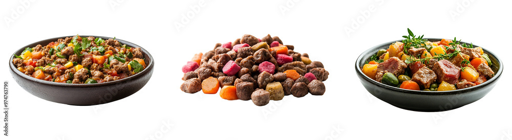 Set, collection of Dog food with meat and vegetables isolated on transparent background. Set, collection of Dog food with meat and vegetables isolated on transparent background.
