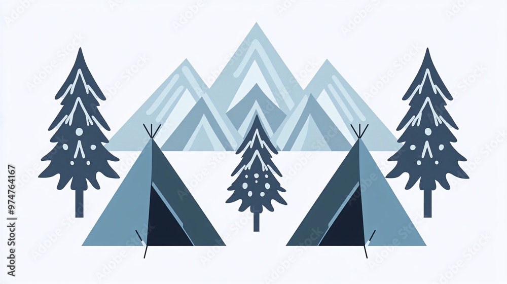 Obraz premium Simple illustration of two blue tents in a snowy mountain forest.