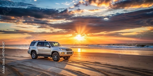 SUV at Sunset on the Beach, Tire Tracks in the Sand, Golden Hour, beach , sunset , offroad