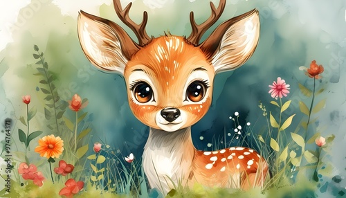 Charming Watercolor Cartoon of a Fawn Frolicking in a Vibrant Flower Garden