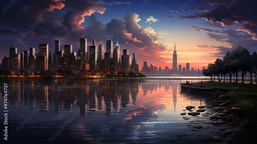 Obraz premium Cityscape at Sunset with a Tranquil Waterfront