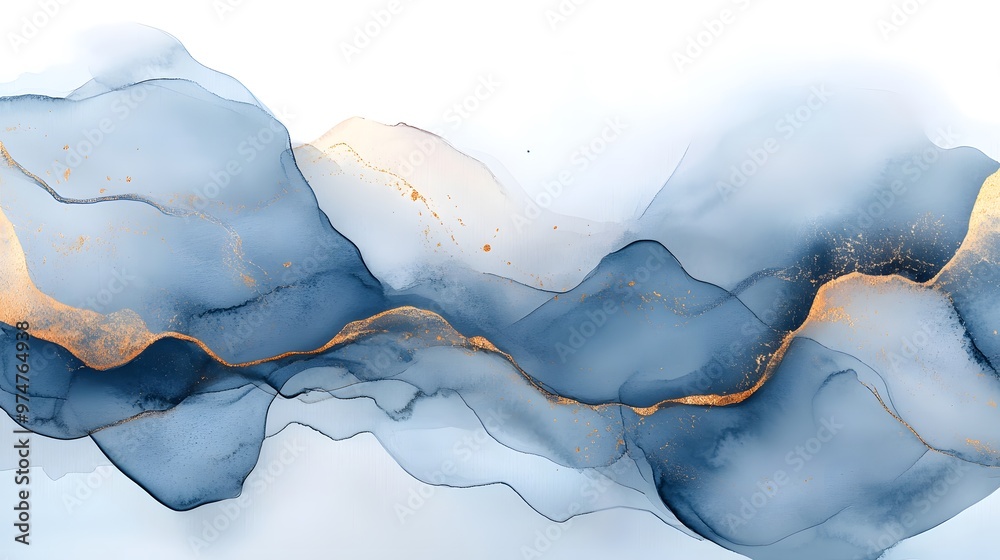 An abstract watercolor painting of flowing liquid gold and silver, in light blue and dark gray tones with hints of copper on a white background An abstract watercolor painting of flowing liquid gold and silver, in light blue and dark gray tones with hints of copper on a white background