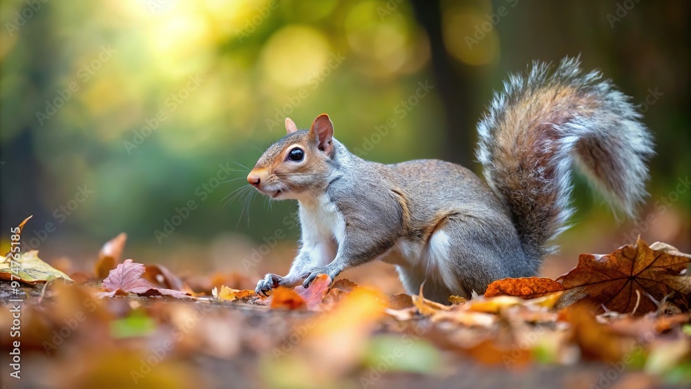 Adorable grey squirrel struggling to move, its hind legs dragging behind, suggesting injury or exhaustion, against a natural outdoor forest floor background with fallen leaves. Adorable grey squirrel struggling to move, its hind legs dragging behind, suggesting injury or exhaustion, against a natural outdoor forest floor background with fallen leaves.