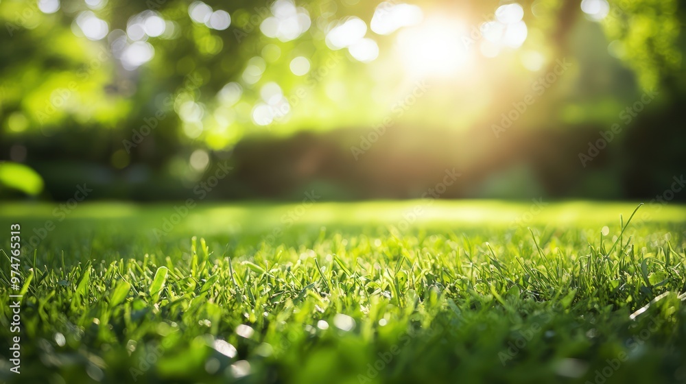 Fototapeta premium Close-up of a lush green lawn with neatly trimmed grass, creating a vibrant and well-maintained outdoor scene