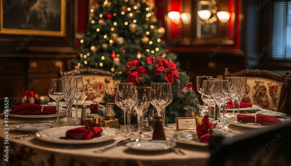 Elegant christmas and new year celebration dinner at a luxurious english restaurant with guests Elegant christmas and new year celebration dinner at a luxurious english restaurant with guests