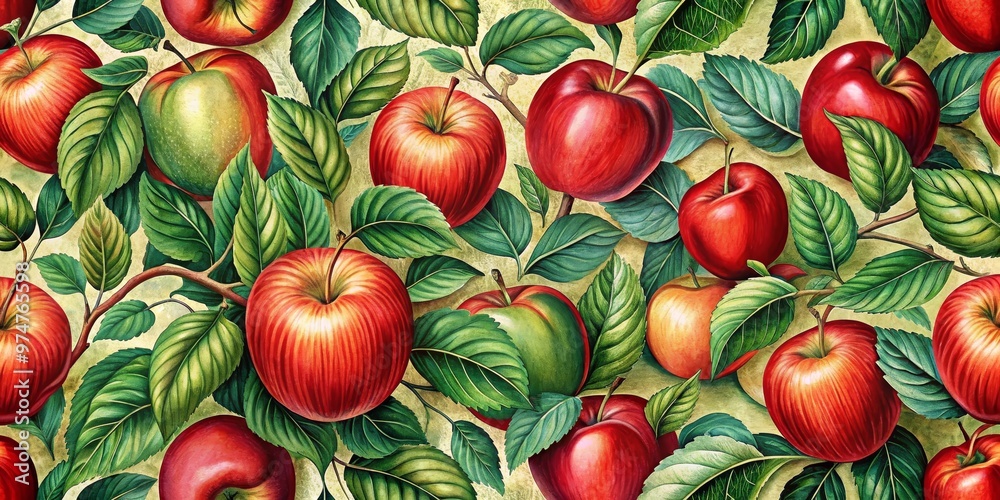 Watercolor Illustration of Red Apples with Green Leaves on a Beige Background, apple, watercolor, illustration Watercolor Illustration of Red Apples with Green Leaves on a Beige Background, apple, watercolor, illustration