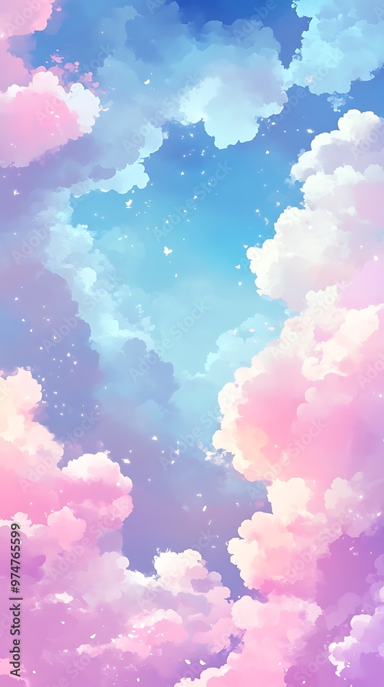 Fototapeta premium Dreamy Pastel Sky with Fluffy Clouds and Sparkling Lights.