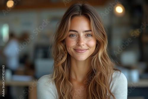 professional woman in modern office genuine laughter smart casual attire lightfilled environment positive workplace atmosphere