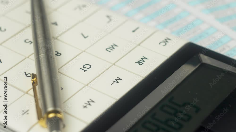 Documents with pen and calculator on desk in office, close up. Finance and accounting, calculating return on investment, company budget planning. Checking bills, taxes, bank account balance and Documents with pen and calculator on desk in office, close up. Finance and accounting, calculating return on investment, company budget planning. Checking bills, taxes, bank account balance and