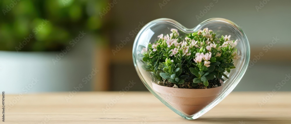 The floating glass heart holds a small collection of flowering shrubs, creating a miniature floral world inside The floating glass heart holds a small collection of flowering shrubs, creating a miniature floral world inside
