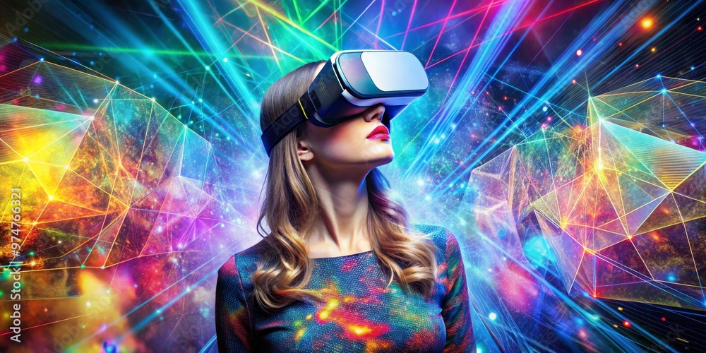Woman in VR Headset Exploring Neon Geometric World, VR, Virtual Reality, Digital Art Woman in VR Headset Exploring Neon Geometric World, VR, Virtual Reality, Digital Art