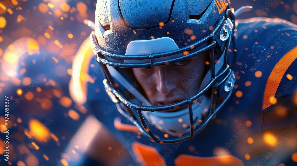 A focused football player prepares for action, embodying strength and determination on the field amid a fiery background. A focused football player prepares for action, embodying strength and determination on the field amid a fiery background.