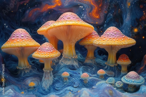 psychedelic mushroomfilled landscape with swirling colors and surreal forms trippy 3d art explores altered states of consciousness through vivid visual journey photo