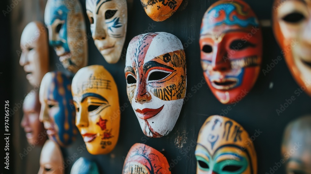 Colorful Traditional Masks Displayed on a Wall, Showcasing Cultural Heritage and Artistic Expression Colorful Traditional Masks Displayed on a Wall, Showcasing Cultural Heritage and Artistic Expression
