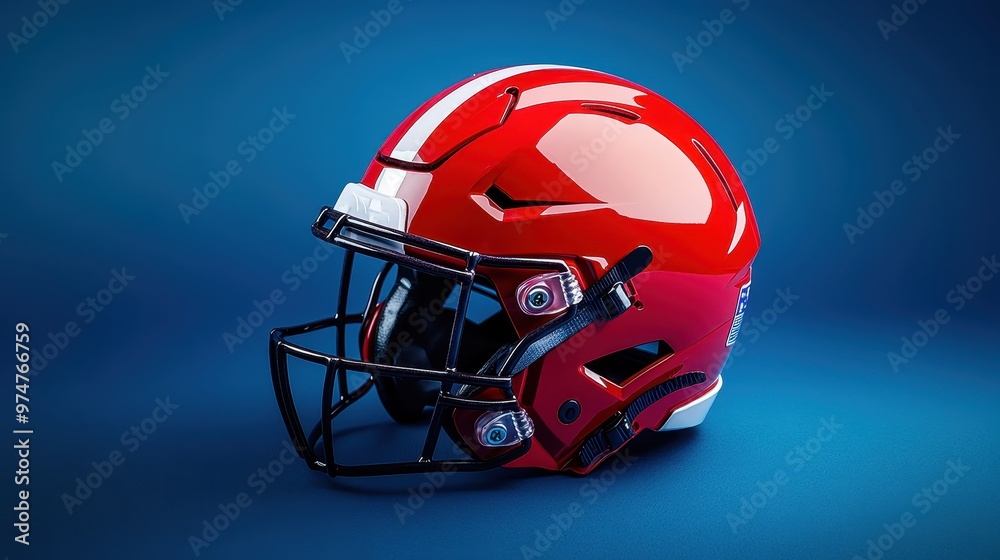 Fototapeta premium A vibrant red football helmet on a blue background, showcasing its sleek design and sporty appeal.