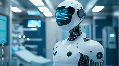 Mlp 3d rendering medical artificial intelligence droid robot working in future hospital. futuristic prosthetic healthcare for patient and biomedical technology concept. Augmented Reality. Illustration