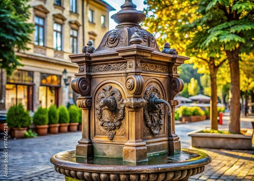 A elegant, ornate vintage drinking water fountain with intricate carvings and ornamental details, standing tall in a well-preserved, nostalgic public space setting. photo