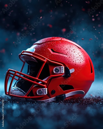A vibrant red football helmet with droplets of water, set against a mystical blue background, showcasing sports equipment allure.