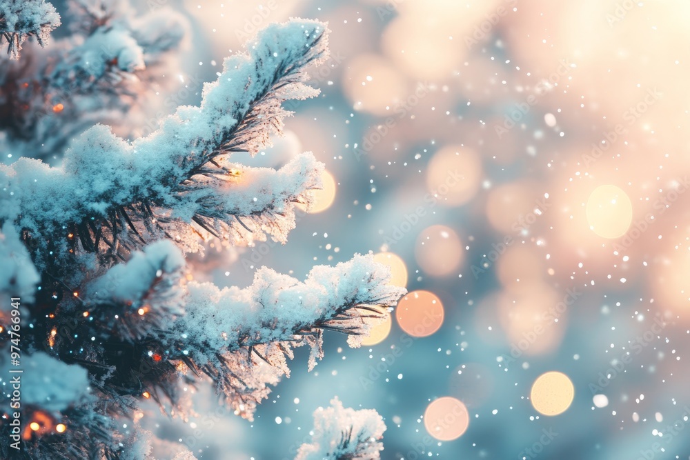 Enchanting winter wonderland with snowy fir trees and bokeh lights for festive card design Enchanting winter wonderland with snowy fir trees and bokeh lights for festive card design