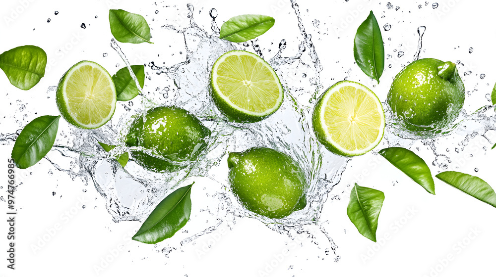 water splash with fresh lime. Whole and sliced lime, leaves, levitating on a white background water splash with fresh lime. Whole and sliced lime, leaves, levitating on a white background